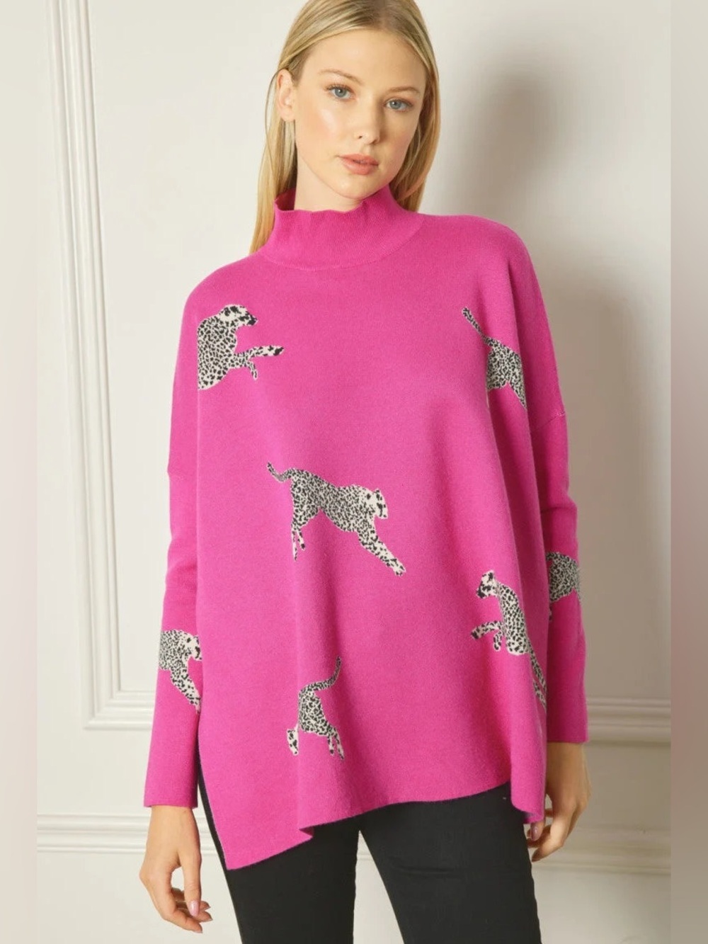 Entro Pink Leopard Mock Neck Sweater Tunic L Relaxed Oversized Stay Fierce